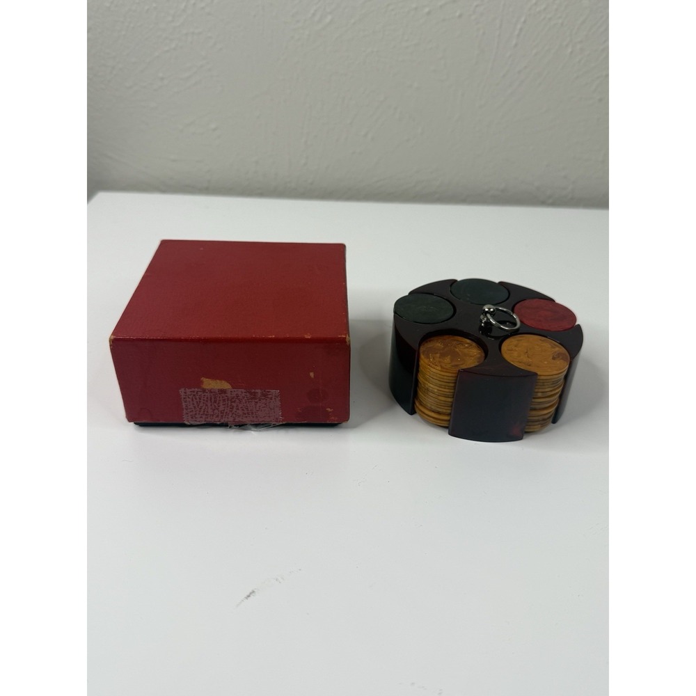 Mini Bakelite Catalin Poker Chip Caddy Holder Buttersotch Red Green 98 Chips